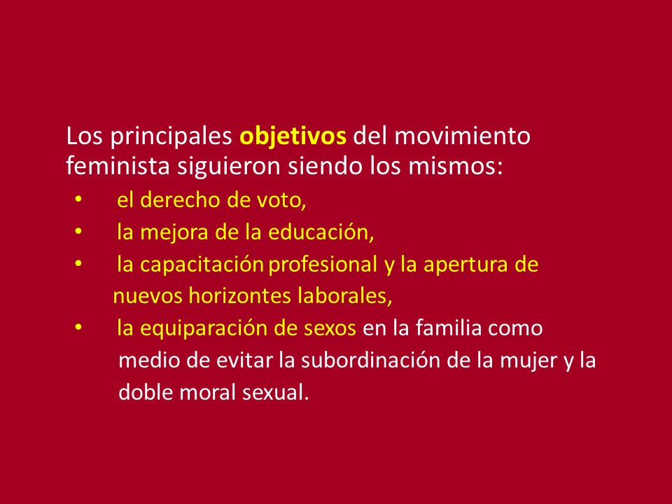 Los principales objetivos del movimiento feminista siguieron siendo los mismos: