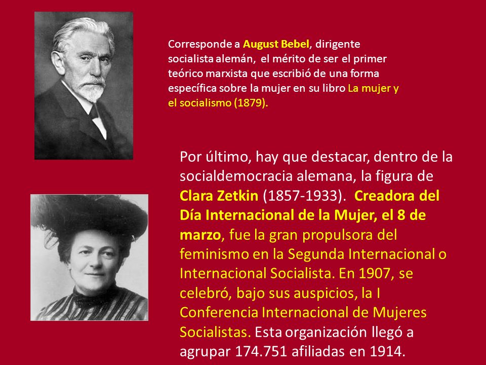 Corresponde a August Bebel, dirigente socialista alemán, el mérito de ser el primer teórico marxista que escribió de una forma específica sobre la mujer en su libro La mujer y el socialismo (1879).