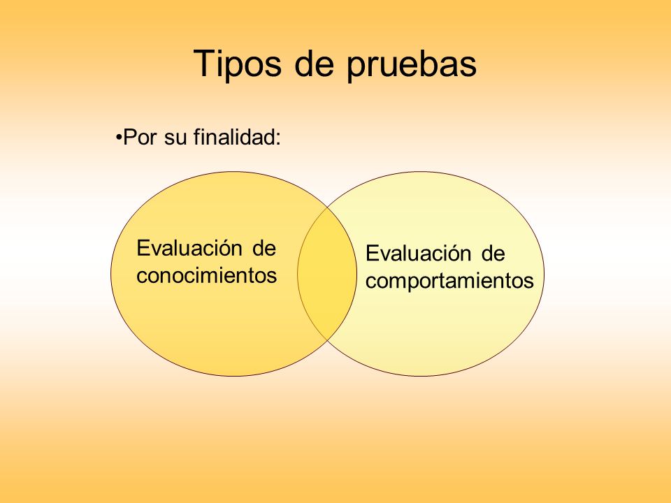 Tipos de pruebas Por su finalidad: Evaluación de conocimientos