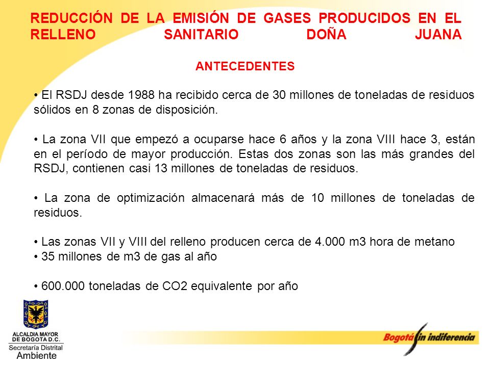 REDUCCIÓN DE LA EMISIÓN DE GASES PRODUCIDOS EN EL RELLENO SANITARIO DOÑA JUANA ANTECEDENTES