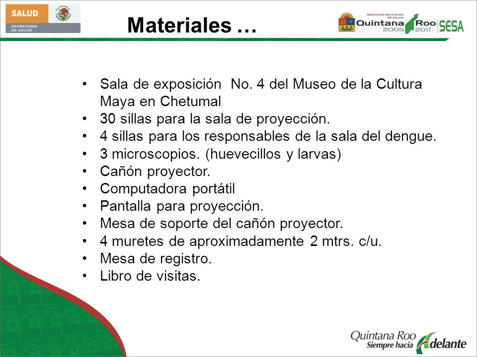 Materiales … Sala de exposición No. 4 del Museo de la Cultura Maya en Chetumal. 30 sillas para la sala de proyección.