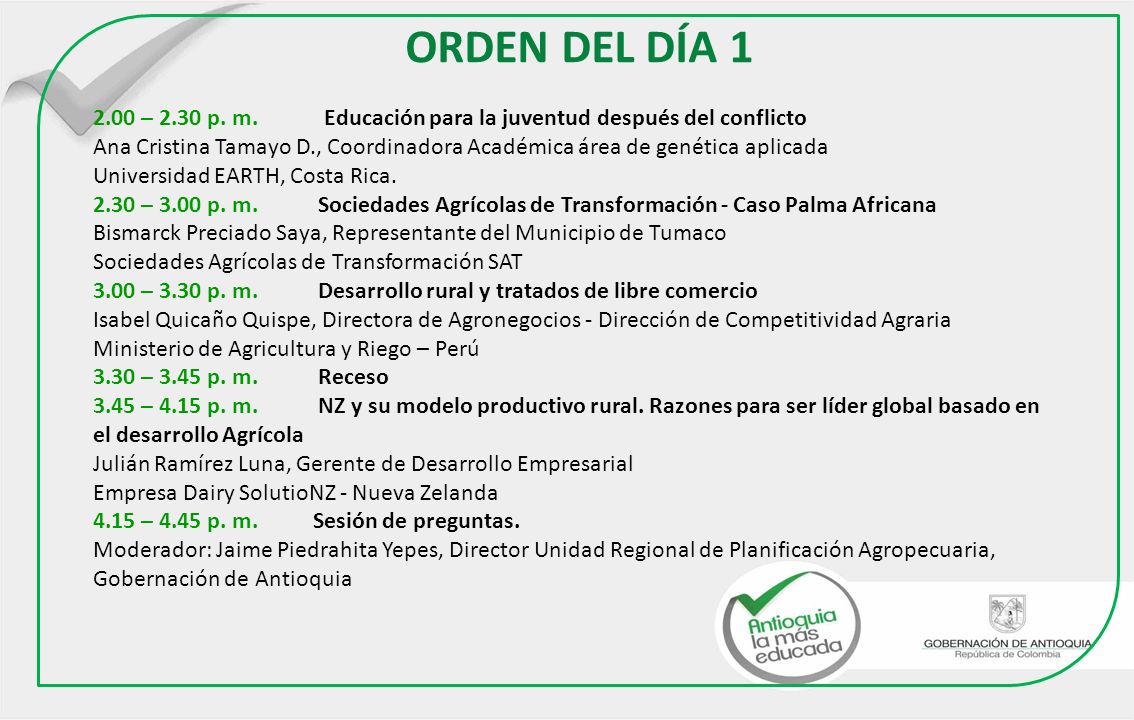 ORDEN DEL DÍA – 2.30 p. m. Educación para la juventud después del conflicto.
