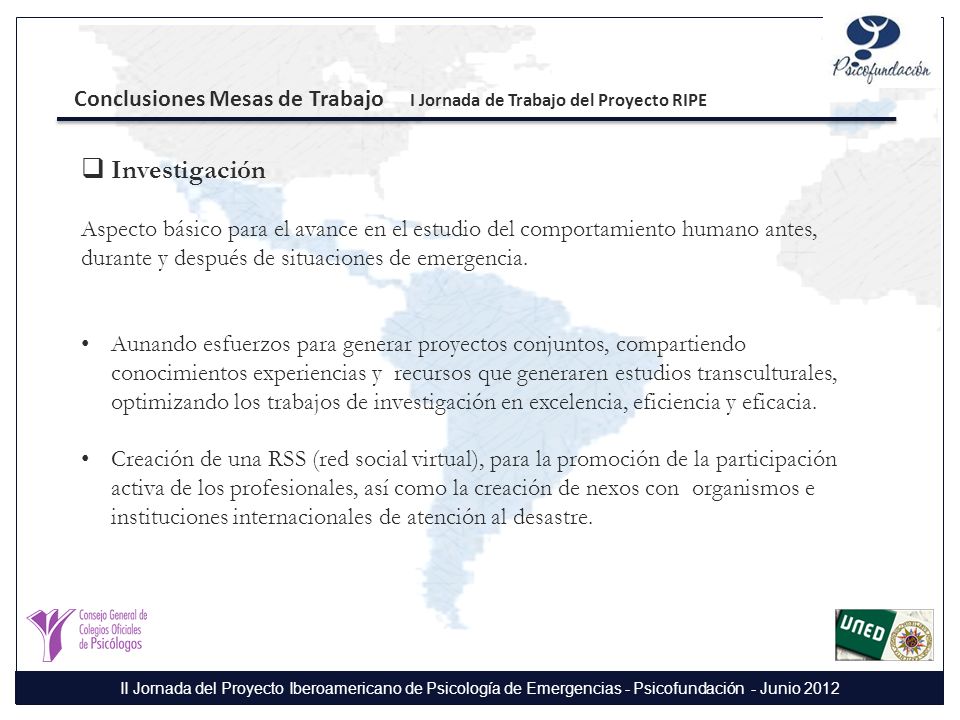 Conclusiones Mesas de Trabajo I Jornada de Trabajo del Proyecto RIPE
