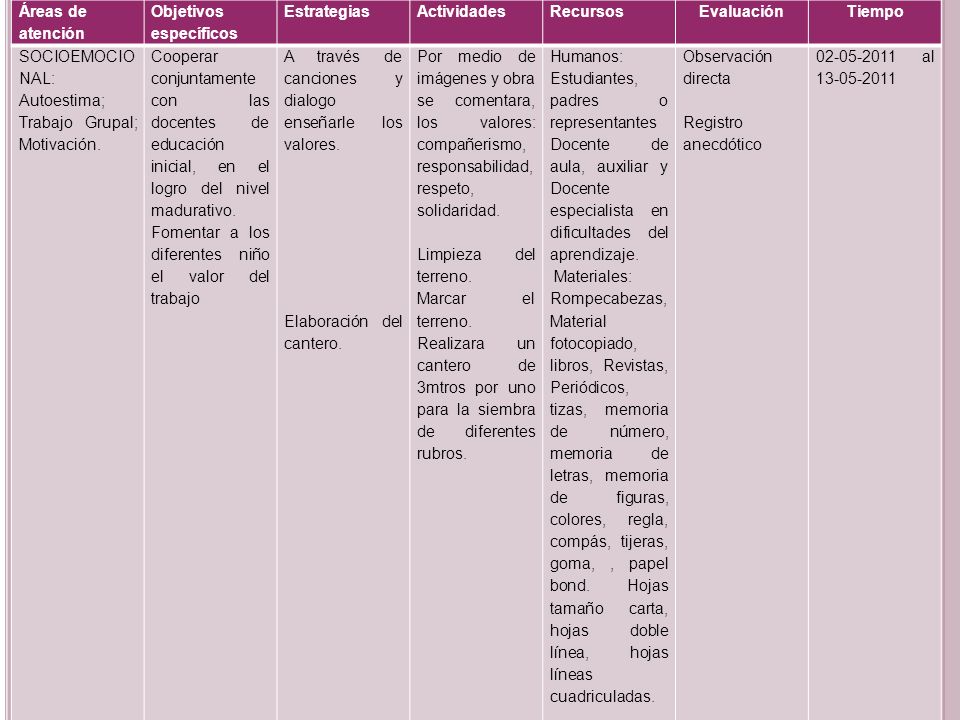 Áreas de atención Objetivos específicos. Estrategias. Actividades. Recursos. Evaluación. Tiempo.