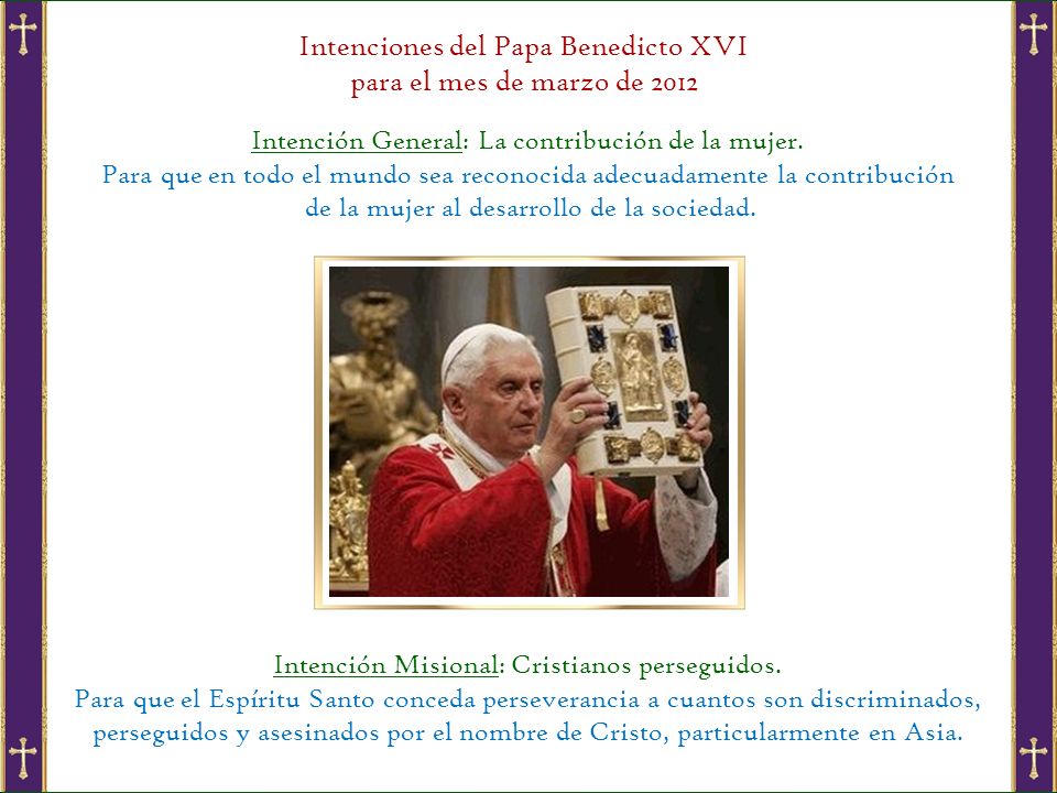 Intenciones del Papa Benedicto XVI para el mes de marzo de 2012