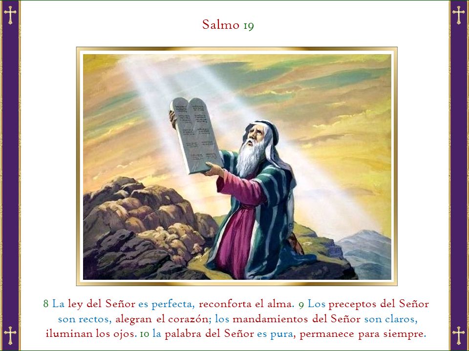 Salmo 19 8 La ley del Señor es perfecta, reconforta el alma. 9 Los preceptos del Señor.