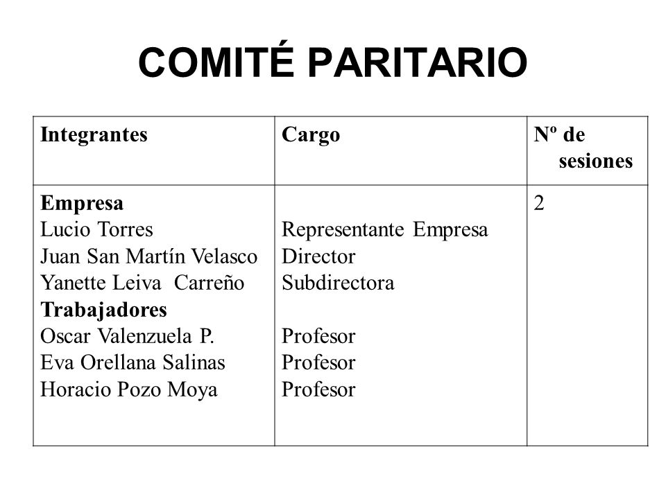 COMITÉ PARITARIO Integrantes Cargo Nº de sesiones Empresa Lucio Torres