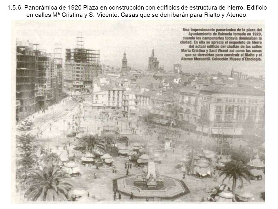 Panorámica de 1920 Plaza en construcción con edificios de estructura de hierro.