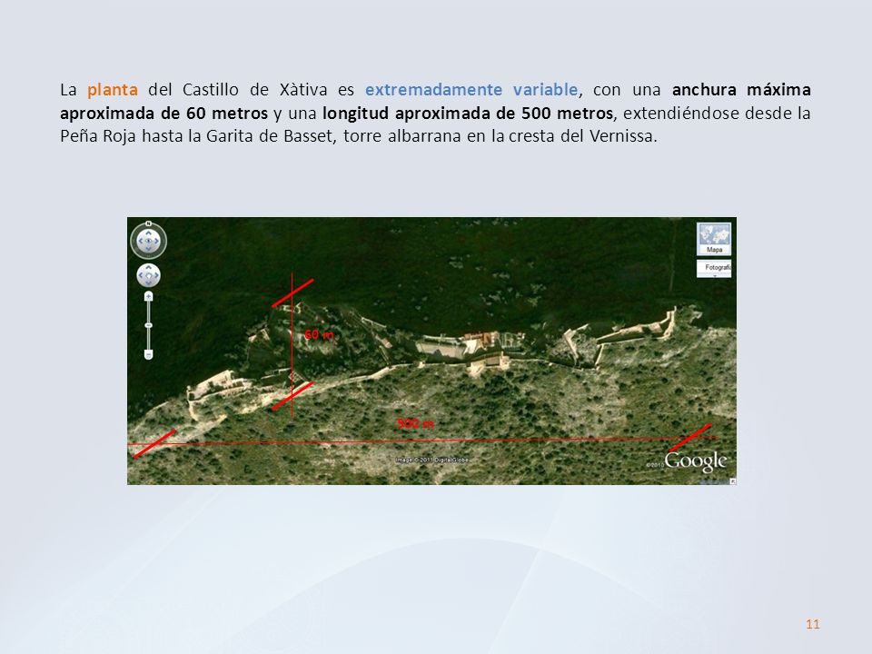 La planta del Castillo de Xàtiva es extremadamente variable, con una anchura máxima aproximada de 60 metros y una longitud aproximada de 500 metros, extendiéndose desde la Peña Roja hasta la Garita de Basset, torre albarrana en la cresta del Vernissa.