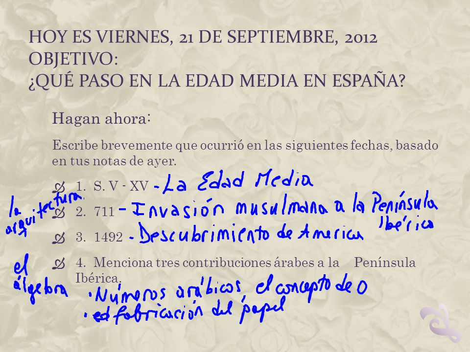 Hoy es viernes, 21 de septiembre, 2012 Objetivo: ¿Qué paso en la Edad Media en España