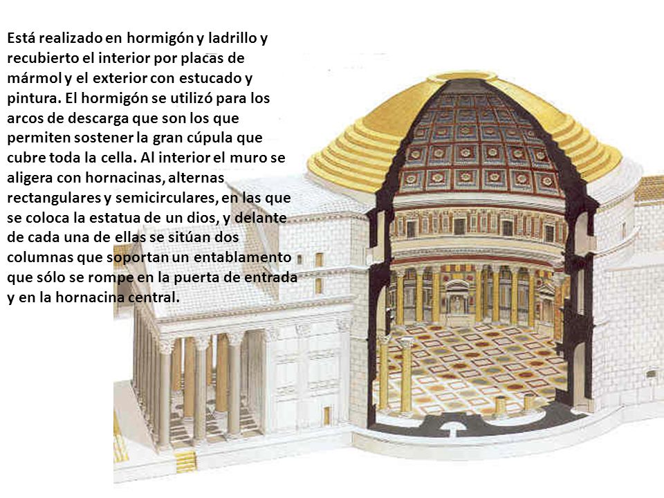 Está realizado en hormigón y ladrillo y recubierto el interior por placas de mármol y el exterior con estucado y pintura.