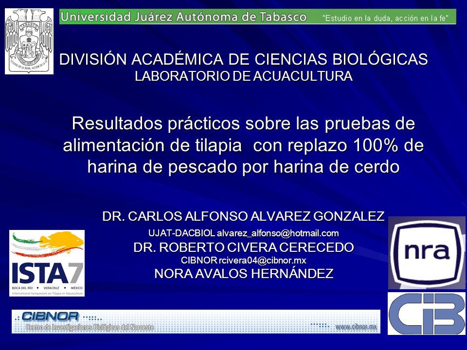 DIVISIÓN ACADÉMICA DE CIENCIAS BIOLÓGICAS LABORATORIO DE ACUACULTURA Resultados prácticos sobre las pruebas de alimentación de tilapia con replazo 100% de harina de pescado por harina de cerdo DR.