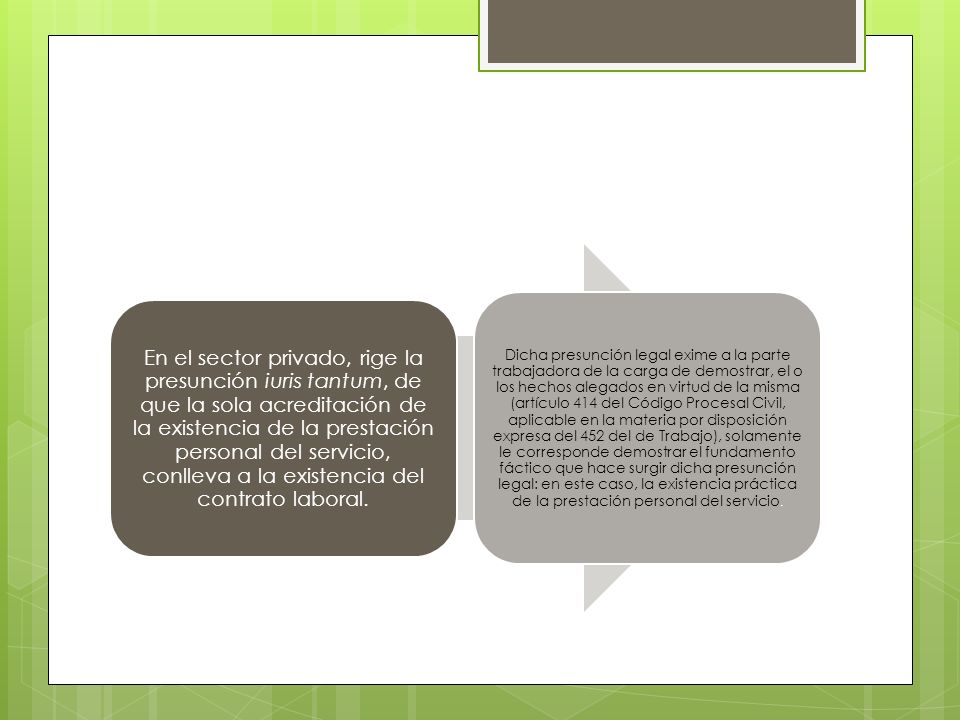 En el sector privado, rige la presunción iuris tantum, de que la sola acreditación de la existencia de la prestación personal del servicio, conlleva a la existencia del contrato laboral.