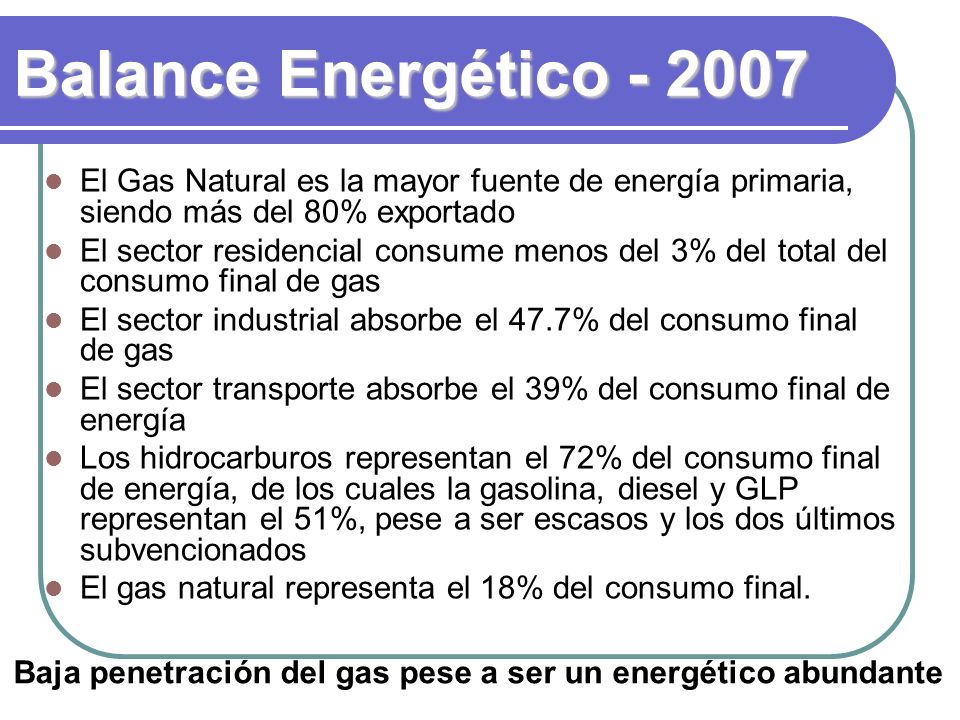 Balance Energético El Gas Natural es la mayor fuente de energía primaria, siendo más del 80% exportado.