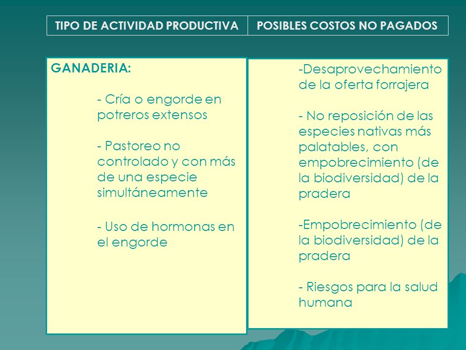TIPO DE ACTIVIDAD PRODUCTIVA POSIBLES COSTOS NO PAGADOS