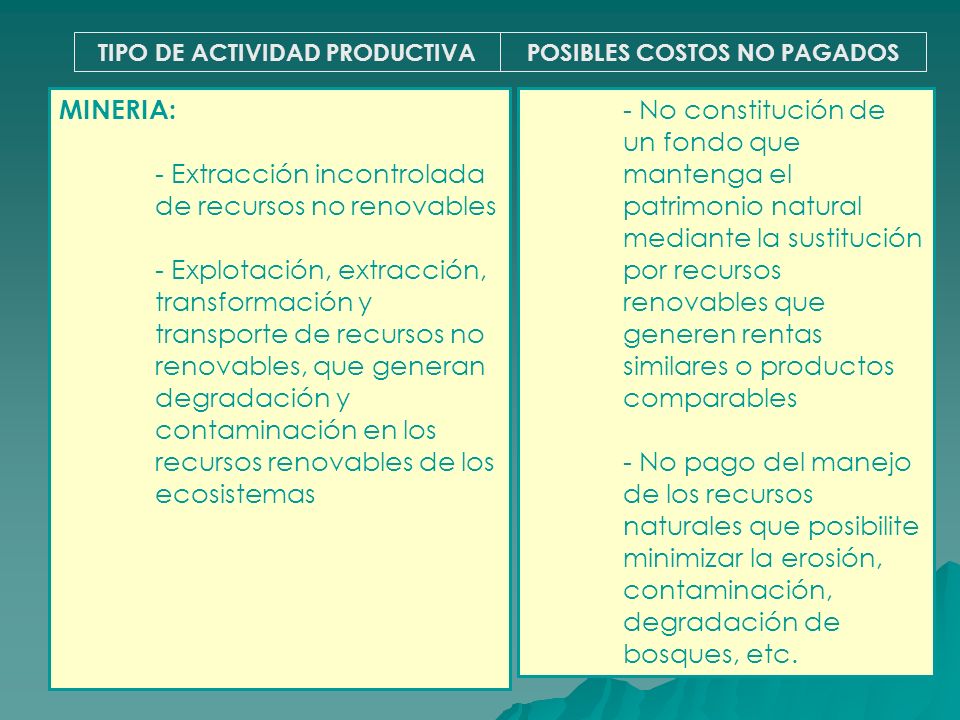 TIPO DE ACTIVIDAD PRODUCTIVA POSIBLES COSTOS NO PAGADOS