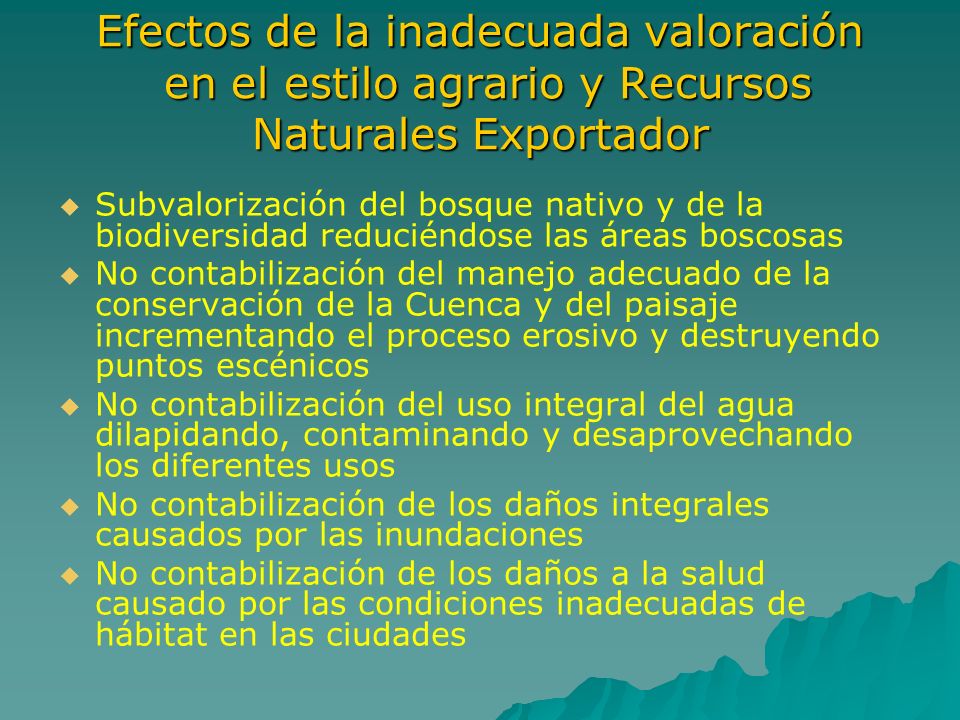 Efectos de la inadecuada valoración en el estilo agrario y Recursos Naturales Exportador