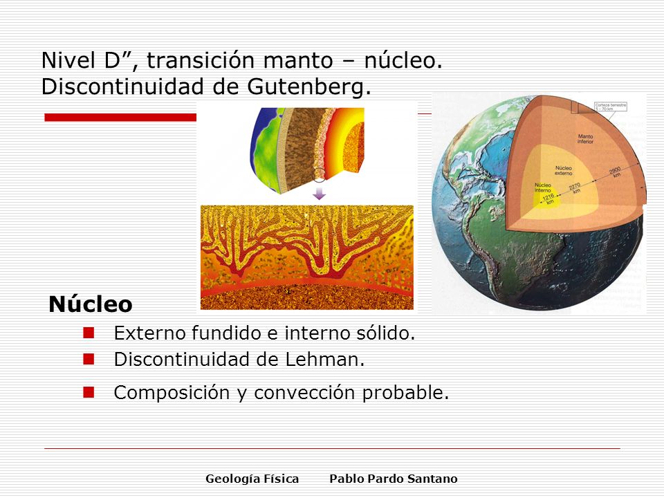 Nivel D , transición manto – núcleo. Discontinuidad de Gutenberg.