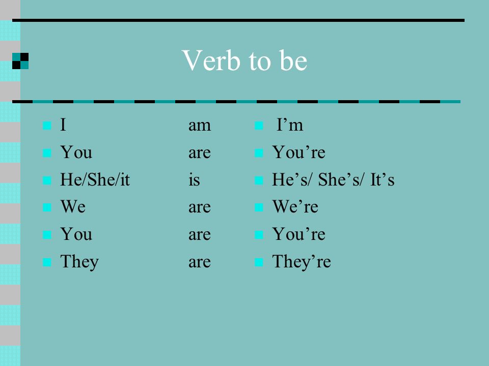 Verb to be I am You are He/She/it is We are They are I’m You’re