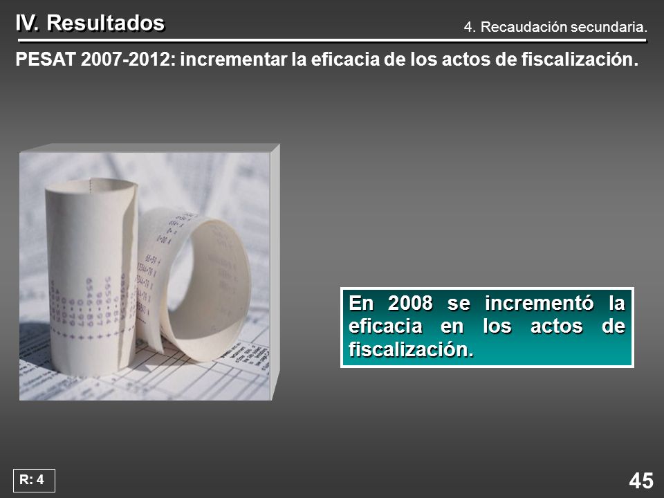 IV. Resultados 4. Recaudación secundaria. PESAT : incrementar la eficacia de los actos de fiscalización.