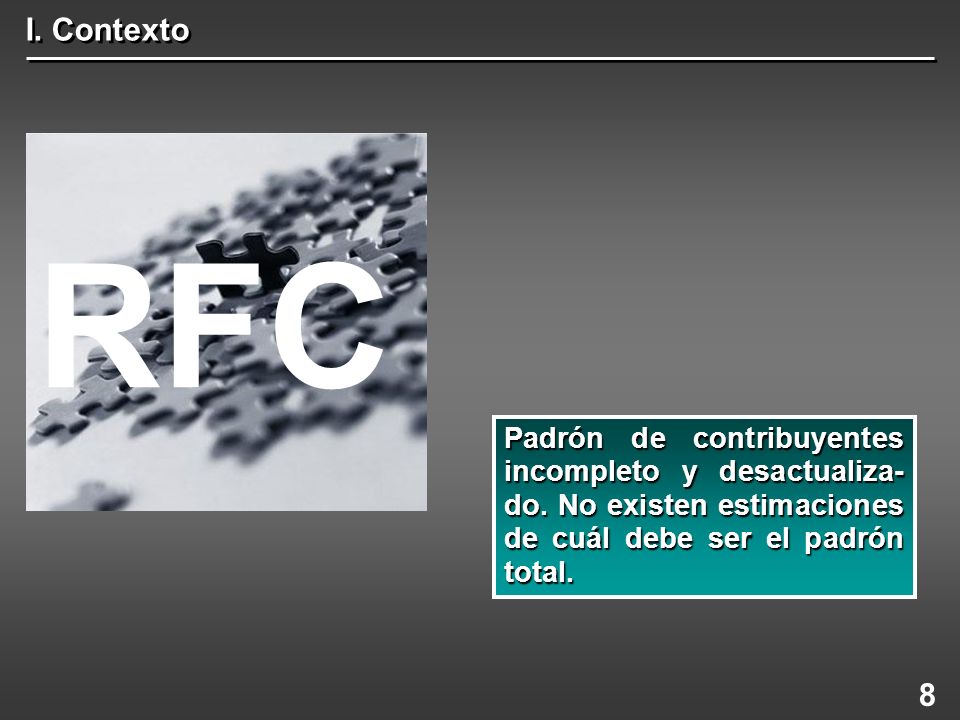 I. Contexto RFC. Padrón de contribuyentes incompleto y desactualiza-do. No existen estimaciones de cuál debe ser el padrón total.