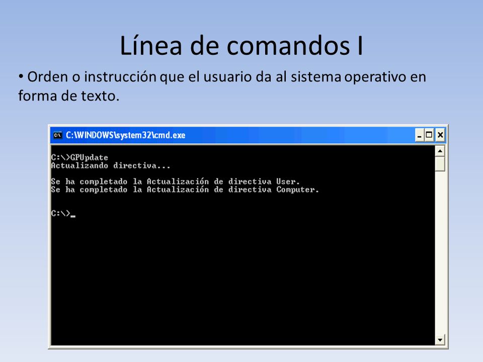Línea de comandos I Orden o instrucción que el usuario da al sistema operativo en forma de texto.