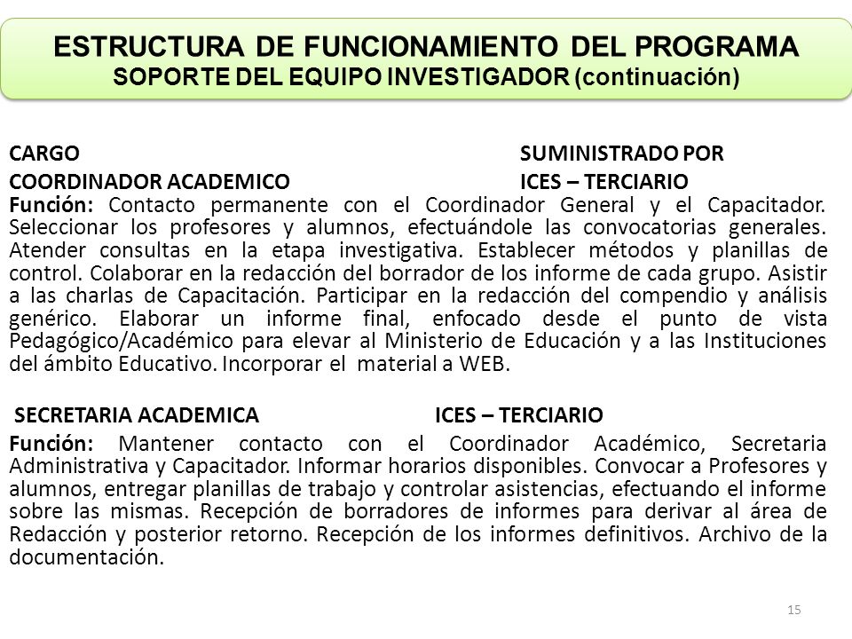 ESTRUCTURA DE FUNCIONAMIENTO DEL PROGRAMA SOPORTE DEL EQUIPO INVESTIGADOR (continuación)