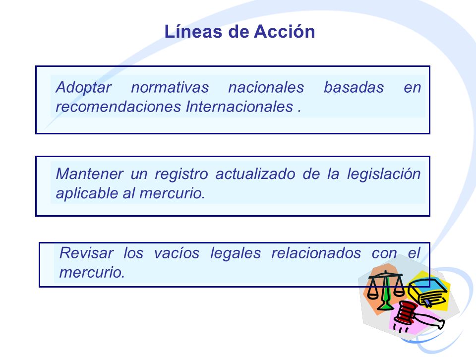 Líneas de Acción Adoptar normativas nacionales basadas en recomendaciones Internacionales .