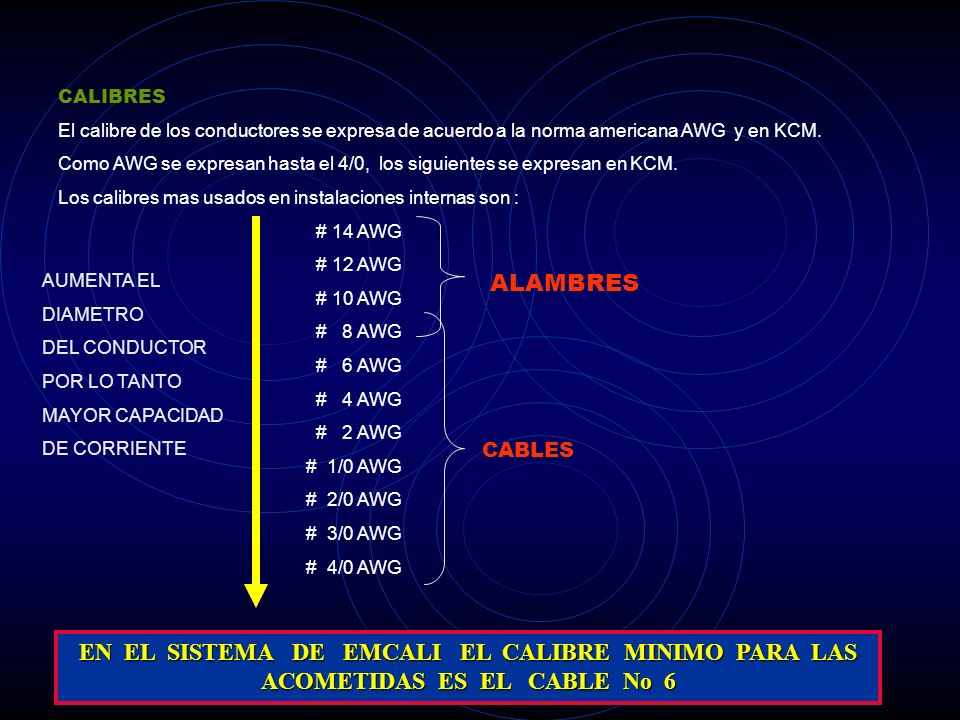 CALIBRES El calibre de los conductores se expresa de acuerdo a la norma americana AWG y en KCM.