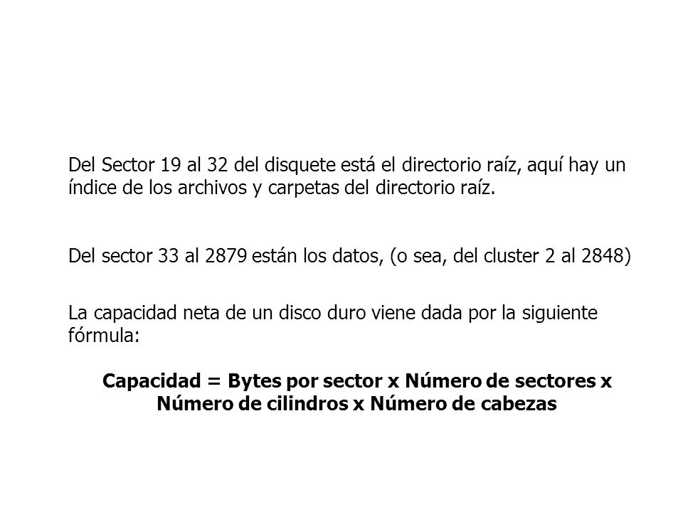 Del Sector 19 al 32 del disquete está el directorio raíz, aquí hay un índice de los archivos y carpetas del directorio raíz.