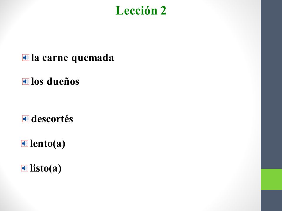 Lección 2 Más vocabulario la carne quemada los dueños descortés
