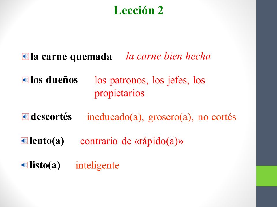 Lección 2 Más vocabulario la carne quemada la carne bien hecha