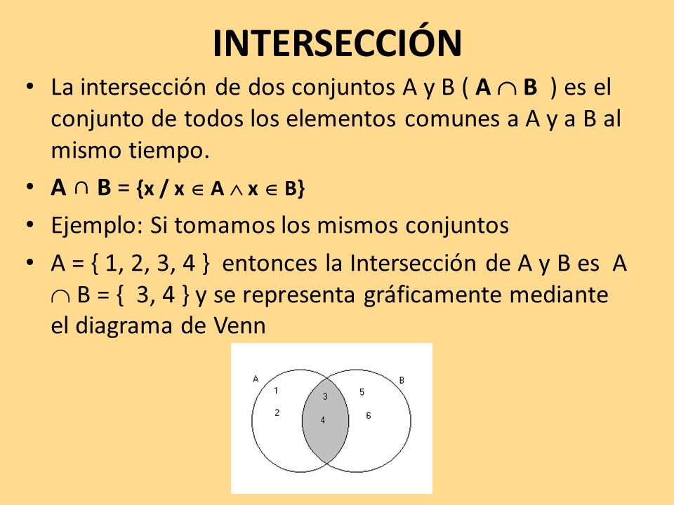 INTERSECCIÓN La intersección de dos conjuntos A y B ( A  B ) es el conjunto de todos los elementos comunes a A y a B al mismo tiempo.