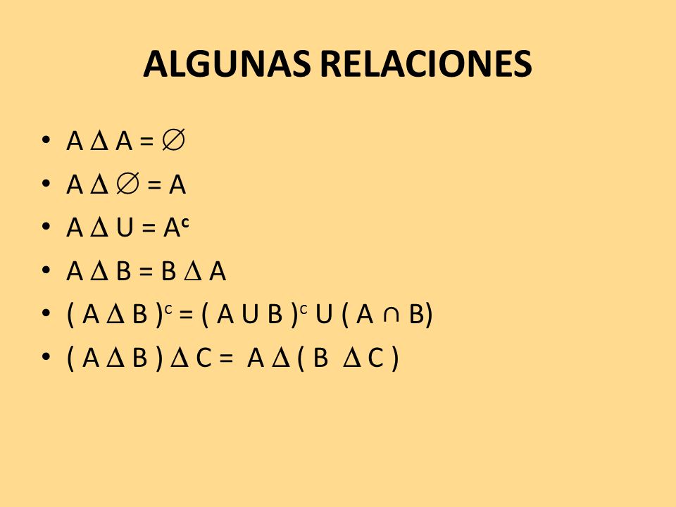 ALGUNAS RELACIONES A  A =  A   = A A  U = Ac A  B = B  A