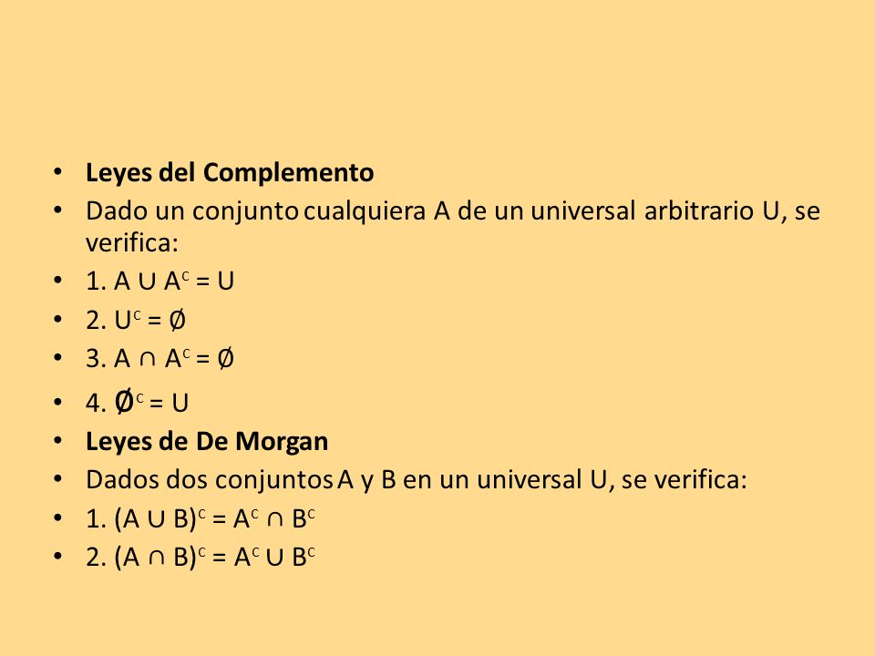 Leyes del Complemento Dado un conjunto cualquiera A de un universal arbitrario U, se verifica: 1. A ∪ Ac = U.