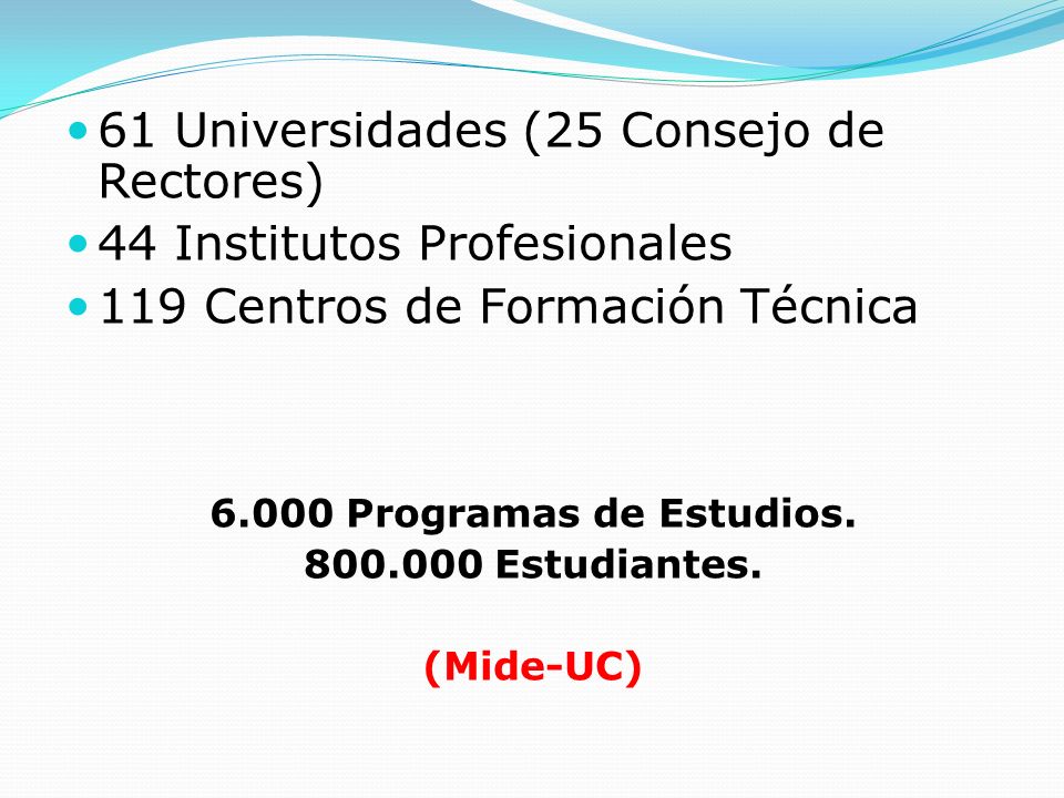 61 Universidades (25 Consejo de Rectores) 44 Institutos Profesionales