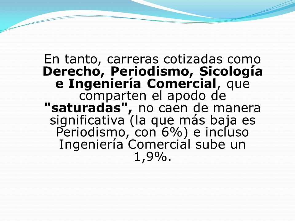 En tanto, carreras cotizadas como Derecho, Periodismo, Sicología e Ingeniería Comercial, que comparten el apodo de saturadas , no caen de manera significativa (la que más baja es Periodismo, con 6%) e incluso Ingeniería Comercial sube un 1,9%.