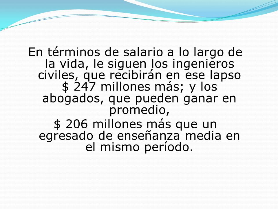 En términos de salario a lo largo de la vida, le siguen los ingenieros civiles, que recibirán en ese lapso $ 247 millones más; y los abogados, que pueden ganar en promedio, $ 206 millones más que un egresado de enseñanza media en el mismo período.