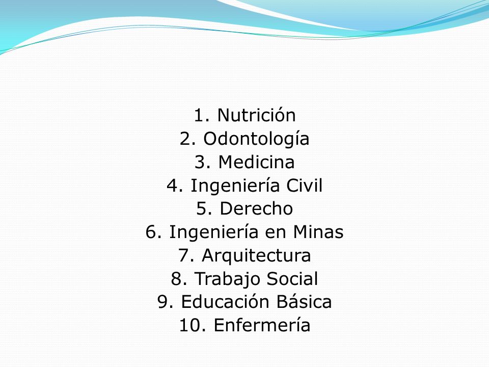 1. Nutrición 2. Odontología. 3. Medicina. 4. Ingeniería Civil. 5. Derecho. 6. Ingeniería en Minas.