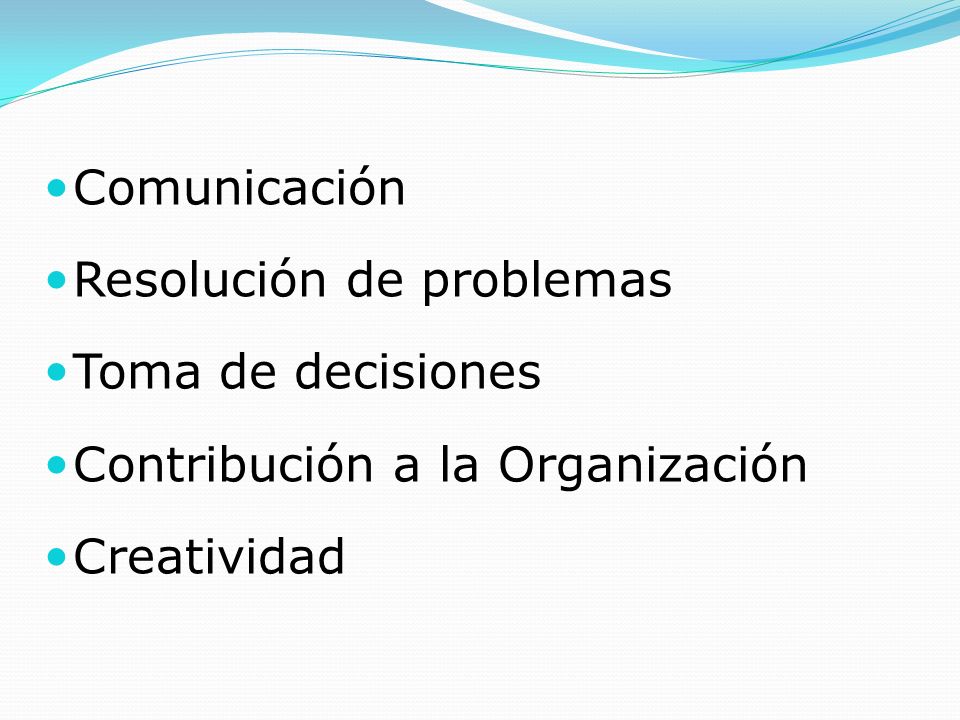 Comunicación Resolución de problemas Toma de decisiones Contribución a la Organización Creatividad