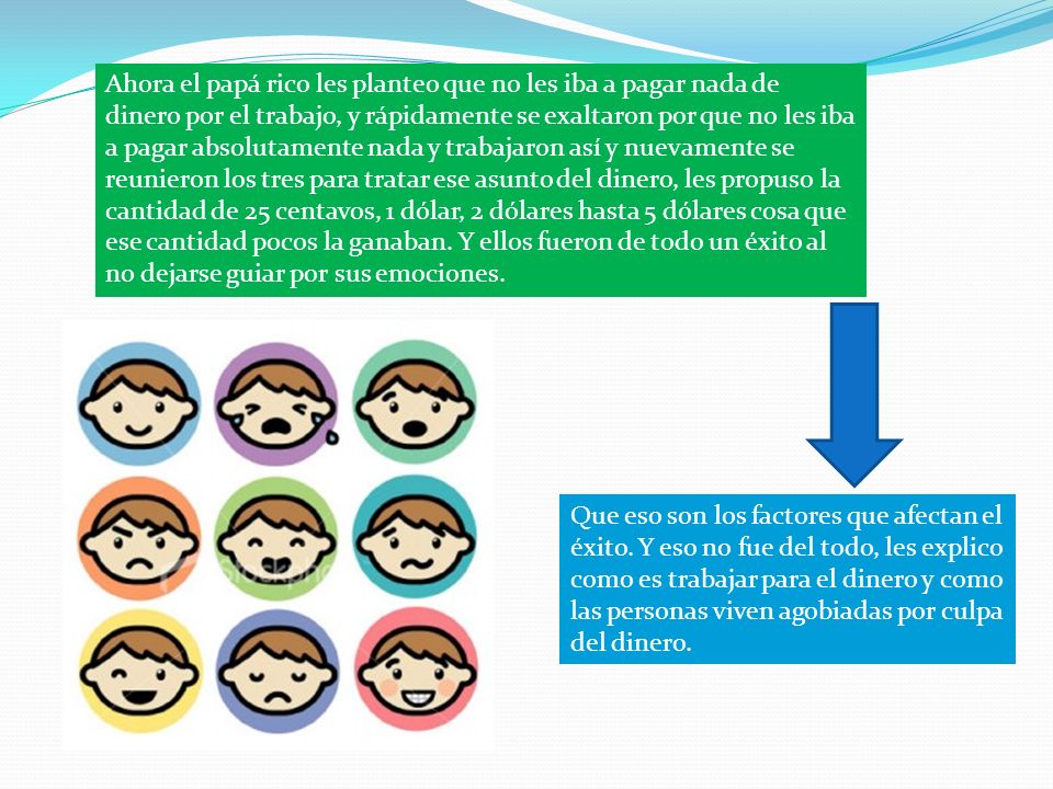 Ahora el papá rico les planteo que no les iba a pagar nada de dinero por el trabajo, y rápidamente se exaltaron por que no les iba a pagar absolutamente nada y trabajaron así y nuevamente se reunieron los tres para tratar ese asunto del dinero, les propuso la cantidad de 25 centavos, 1 dólar, 2 dólares hasta 5 dólares cosa que ese cantidad pocos la ganaban. Y ellos fueron de todo un éxito al no dejarse guiar por sus emociones.