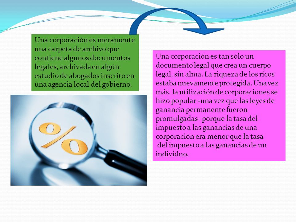 Una corporación es meramente una carpeta de archivo que contiene algunos documentos legales, archivada en algún estudio de abogados inscrito en una agencia local del gobierno.