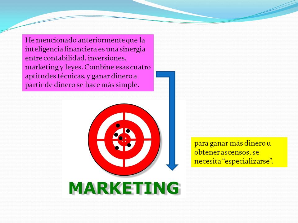 He mencionado anteriormente que la inteligencia financiera es una sinergia entre contabilidad, inversiones, marketing y leyes. Combine esas cuatro aptitudes técnicas, y ganar dinero a partir de dinero se hace más simple.