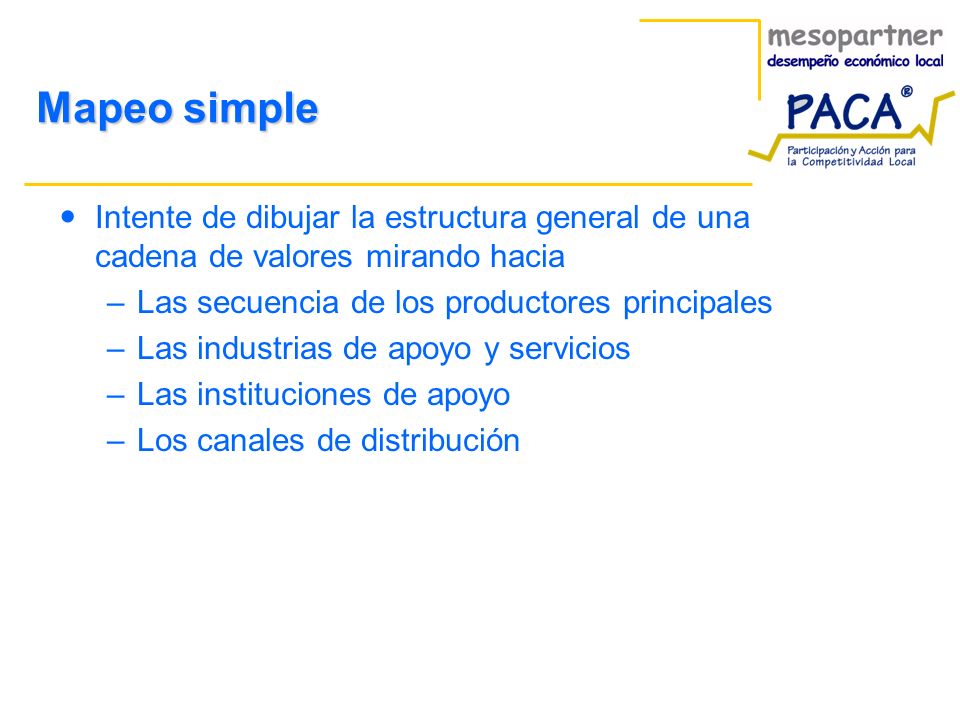Mapeo simple Intente de dibujar la estructura general de una cadena de valores mirando hacia. Las secuencia de los productores principales.