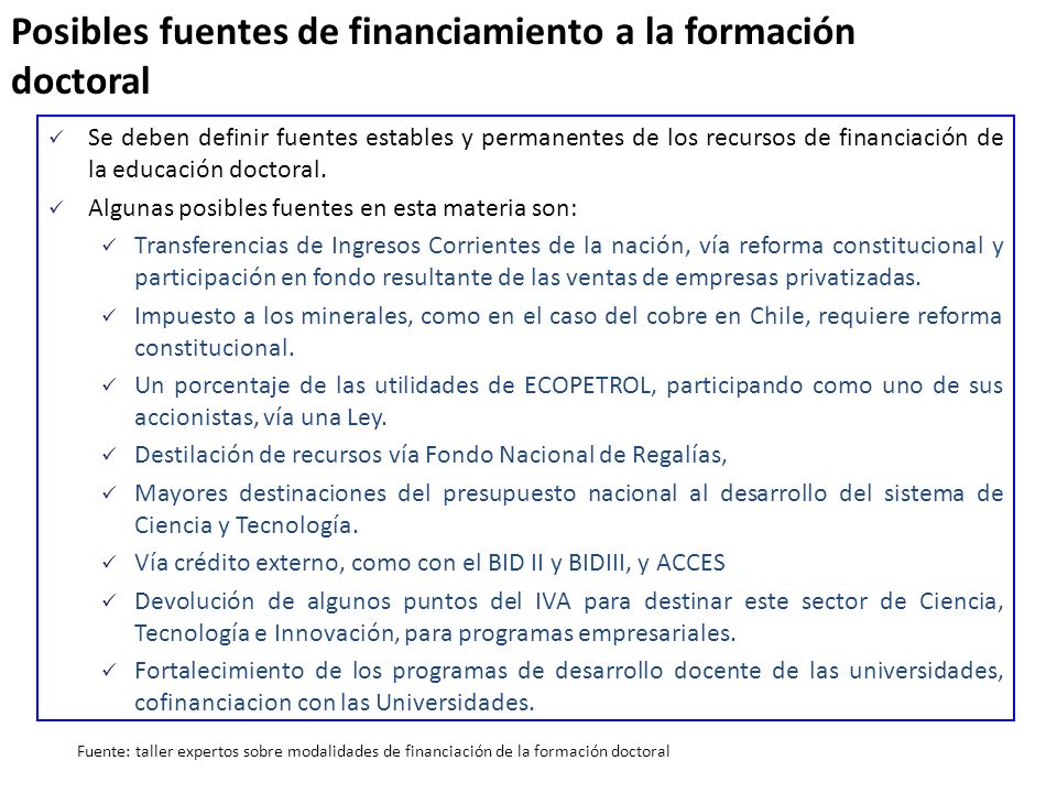 Posibles fuentes de financiamiento a la formación doctoral