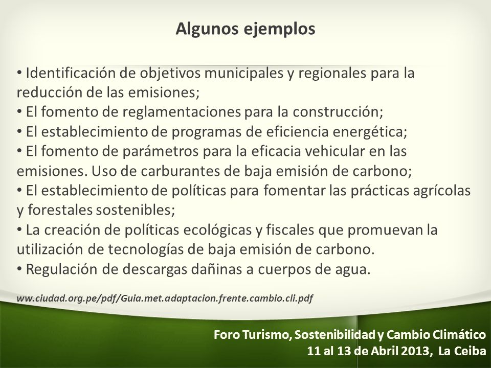 Algunos ejemplos Identificación de objetivos municipales y regionales para la reducción de las emisiones;