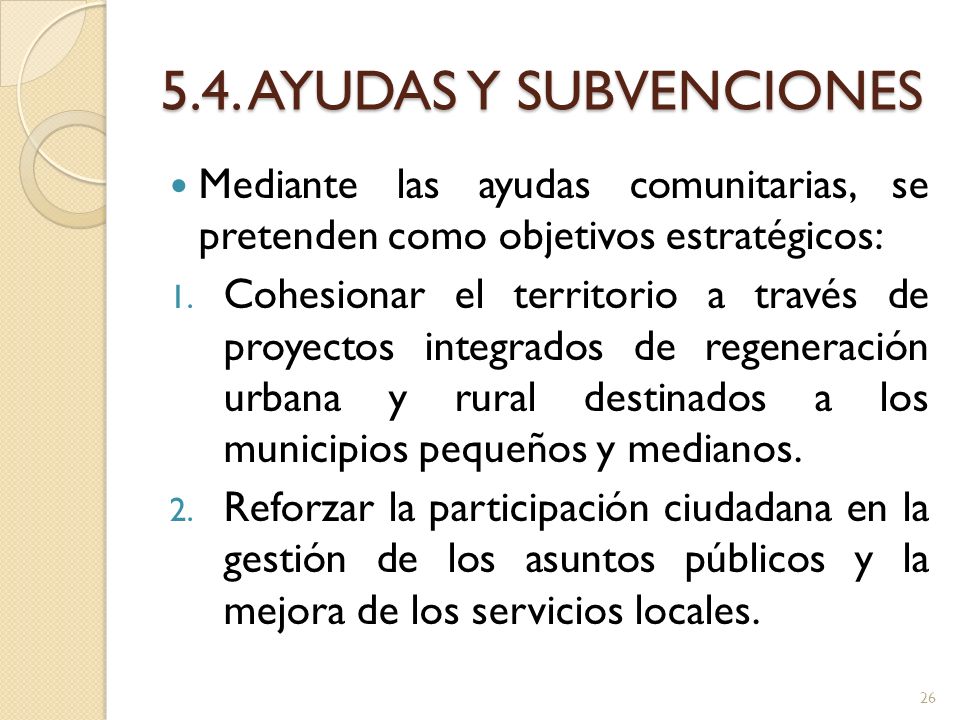 5.4. AYUDAS Y SUBVENCIONES Mediante las ayudas comunitarias, se pretenden como objetivos estratégicos: