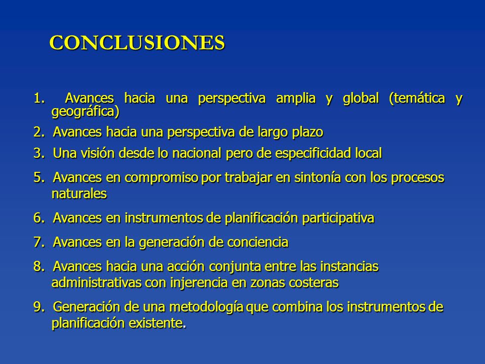 CONCLUSIONES 1. Avances hacia una perspectiva amplia y global (temática y geográfica) 2. Avances hacia una perspectiva de largo plazo.