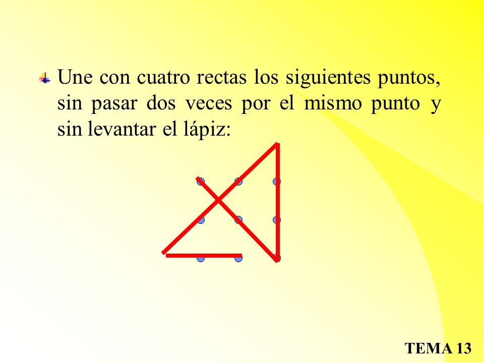 Une con cuatro rectas los siguientes puntos, sin pasar dos veces por el mismo punto y sin levantar el lápiz: