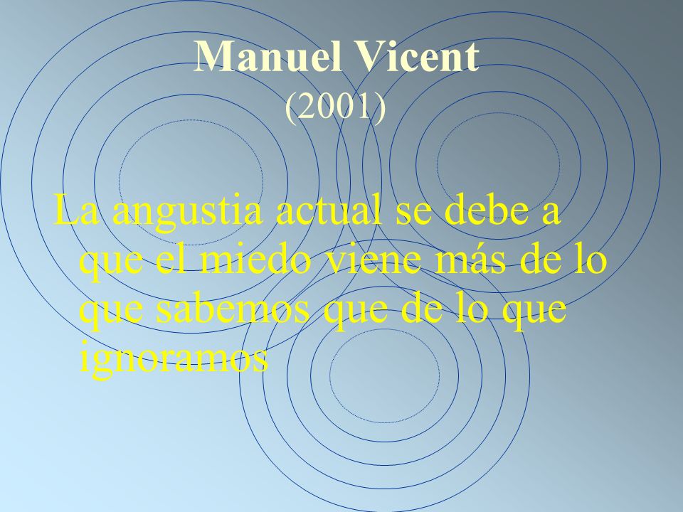 Manuel Vicent (2001) La angustia actual se debe a que el miedo viene más de lo que sabemos que de lo que ignoramos.